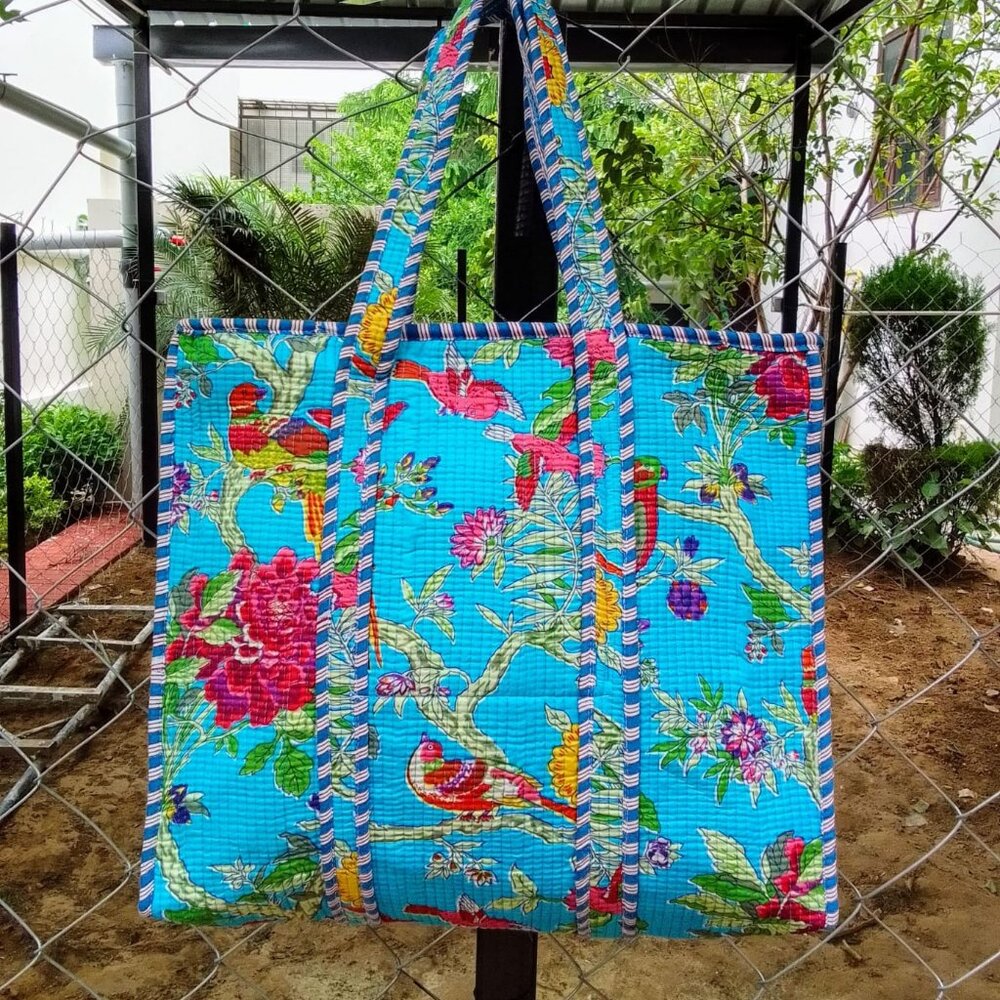 Reusable Quilted Cotton Tote Bag – Hand Screen-Printed Floral Design Blue